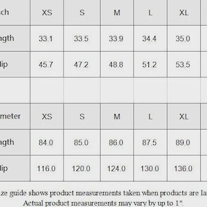 May include: A size guide table with measurements in inches and centimeters. The table shows length and hip measurements for sizes XS to 2XL. Length measurements range from 33.1 to 35.6 inches, and hip measurements range from 45.7 to 55.9 inches.
