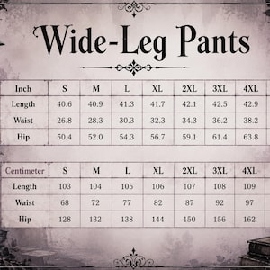 May include: A sizing chart for wide-leg pants featuring a table with measurements in inches and centimeters for sizes S through 5XL. The chart includes rows for length, waist, and hip measurements, framed by decorative illustrations of a raven and roses.