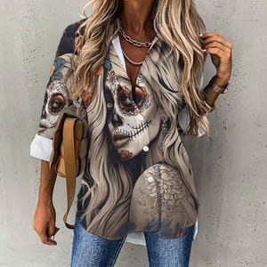 Day of the Dead Blond Women&#39;s Irregular Shirt, Witchcore Dia de los muertos shirt, Witchy Clothing, Sugar Skull shirt, Mexican shirt