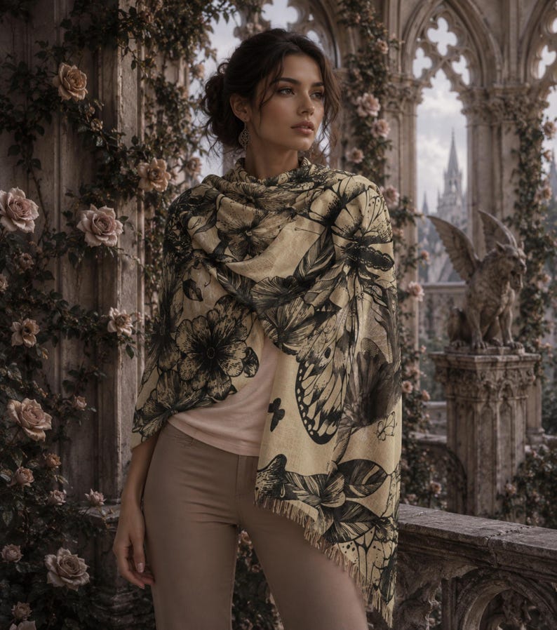 Peut inclure: Une &eacute;charpe beige orn&eacute;e d'un imprim&eacute; botanique et papillon noir avec un bord frang&eacute;, port&eacute;e sur un haut rose clair et un pantalon beige. L'&eacute;charpe pr&eacute;sente des illustrations d&eacute;taill&eacute;es de grandes fleurs, de feuilles et d'ailes de papillon.