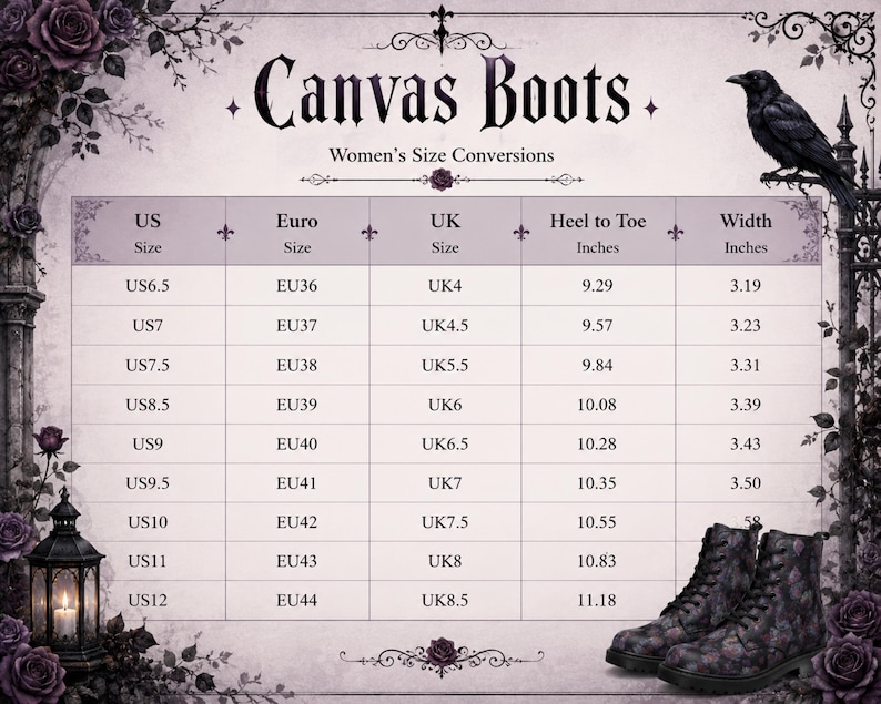 May include: A size conversion chart for canvas boots titled Canvas Boots Women's Size Conversions. The table lists US, Euro, and UK sizes with corresponding heel to toe and width measurements in inches, framed by dark floral and raven illustrations.