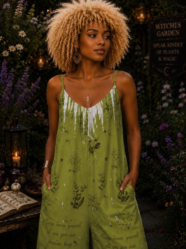 May include: A sleeveless olive green jumpsuit featuring a white drip pattern at the neckline, a dark botanical print, and the text "Always honor yourself all you give leads shoulder keep" printed in a script font on the lower front section.