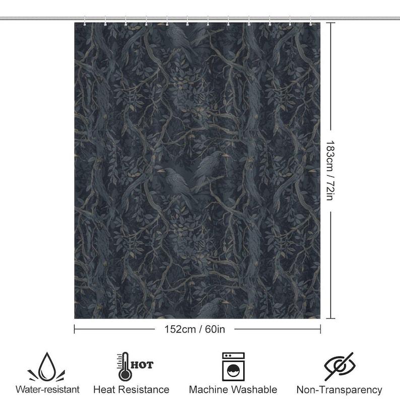 William Morris Inspired Shower Curtain Edgar Allan Poe Gothic Bathroom Decor Goth Bathroom Whimsigoth Decor Moody Shower Bathroom Decor image 7