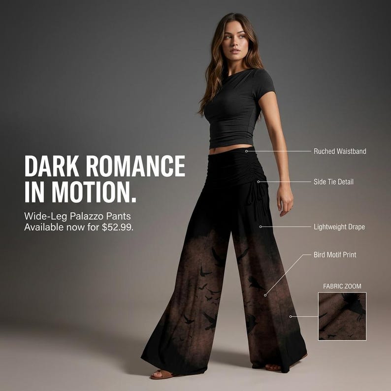 Raven Whimsigoth Clothes Edgar Allan Poe Gift for Women Atl Clothing Murder of Crows Palazzo Pants Gothic Wide Leg Trousers for Pilates image 2