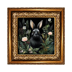 Black Rabbit and Flowers, Dark Academia Art, Gothic Floral Print, Goth Wall Art, Witchy Aesthetic Whimsigoth Decor, Cottagecore Bunny print