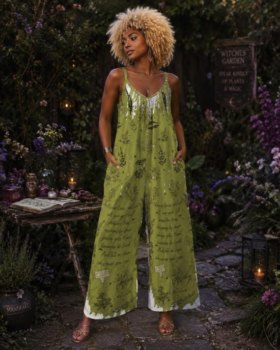 Witchy Herbs Jumpsuit Gift Idea for Mom Wiccan Giftforher Wide Leg Clothing Rosemary Practical Magic Spell Light Academia Woman Overalls