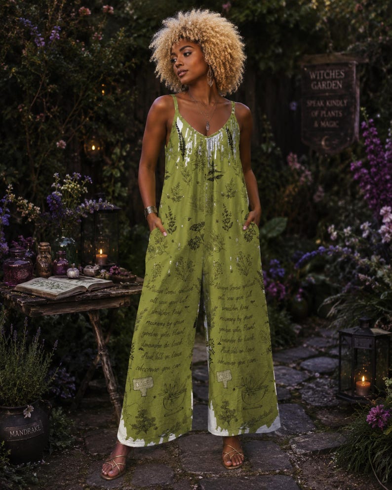 May include: A sleeveless olive green jumpsuit featuring a V-neckline, thin shoulder straps, and wide-leg trousers. The fabric is adorned with a dark botanical print, cursive text, and silver metallic accents near the neckline and hemline.