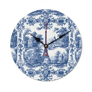 May include: Round wall clock with a blue and white toile pattern featuring the Eiffel Tower and other French countryside scenes. The clock has black hands and a red second hand.
