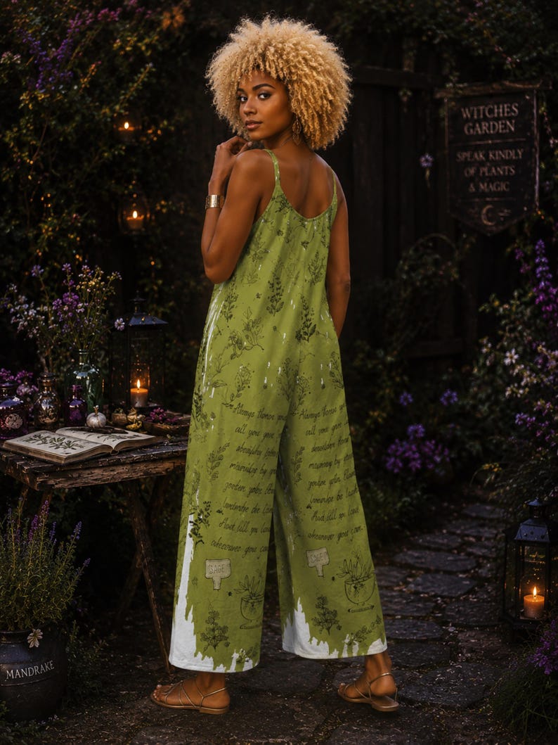 Witchy Herbs Jumpsuit Gift Idea for Mom Wiccan Giftforher Wide Leg Clothing Rosemary Practical Magic Spell Light Academia Woman Overalls image 5