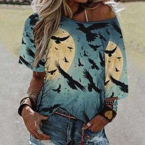 Murder of Crows Off the Shoulder Half-Sleeve T-shirt, Witchcore Raven Shirt, Crow Lovers, Nature Lovers, Goblincore Shirt, Lunar Moon Shirt