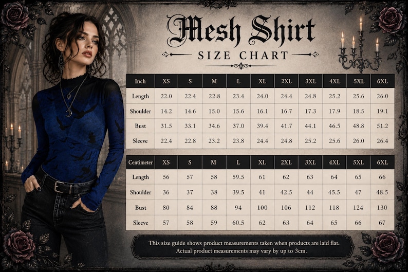 May include: A size chart for a mesh shirt featuring a table with measurements in inches and centimeters for sizes XS through 6XL. The chart includes rows for length, shoulder, bust, and sleeve, with a note about measurements taken while laid flat.