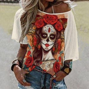 Vêtements de sorcière, t-shirt à épaules dénudées le jour des morts, chemise Dia de los muertos, jour des morts, chemise Sugar Skull, chemise mexicaine