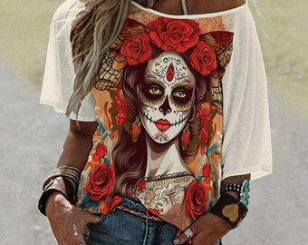 Ropa gótica alternativa de bruja Herencia hispana Mexicana Halloween Mujeres Camiseta Día de los Muertos Camiseta Día de los Muertos Camiseta Calavera de azúcar Calavera floral