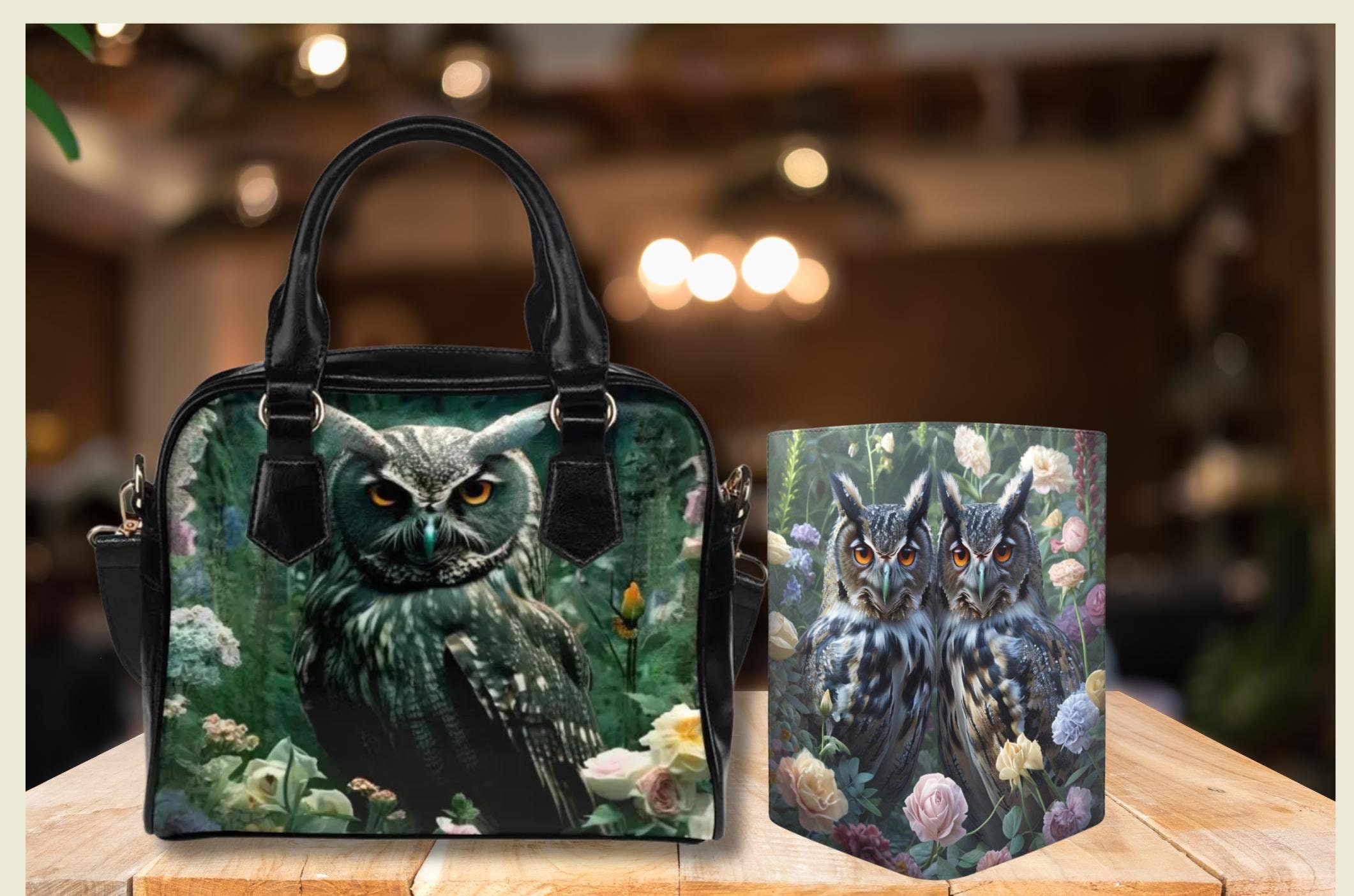 Cottagecore Owl Handbag and Wallet Set: Wiccan Floral PU Leather Purse