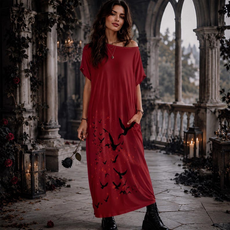 May include: A floor-length, short-sleeved red dress featuring a black bird silhouette print on the lower portion. The dress has a wide, off-the-shoulder neckline and side pockets. The fabric is solid red with a dark, graphic bird pattern.