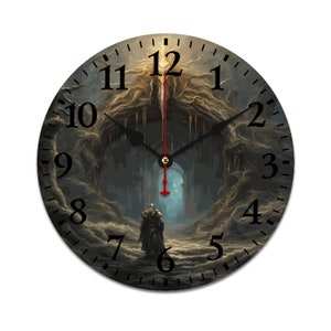May include: A round clock with a dark fantasy illustration of a figure standing in a cave with a glowing entrance. The clock face has black Roman numerals and black hands.