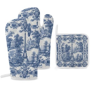 French Kitchen Baking Gift Toile Oven Mitts & Pot Holder Set Blue White Decor Thick Oven Mitt Farmhouse Kitchen Decor Wedding Shower Gift Toile