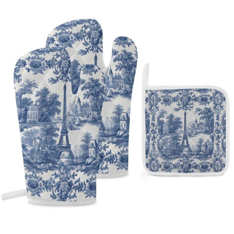 French Kitchen Baking Gift Toile Oven Mitts & Pot Holder Set Blue White Decor Thick Oven Mitt Farmhouse Kitchen Decor Wedding Shower Gift Toile