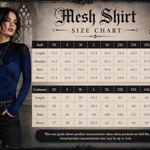 May include: A size chart for a mesh shirt featuring a table with measurements in inches and centimeters for sizes XS through 6XL. The chart includes rows for length, shoulder, bust, and sleeve, with a note about measurements taken while laid flat.