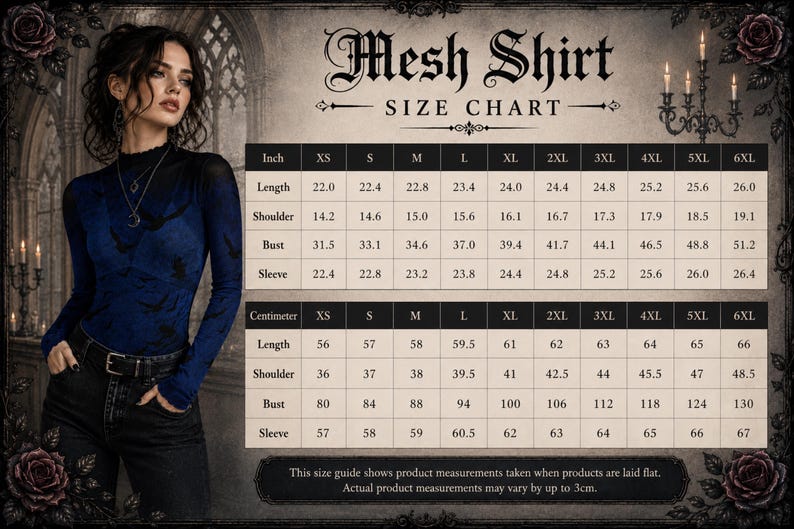 May include: A size chart for a mesh shirt featuring a table with measurements in inches and centimeters for sizes XS through 6XL. The chart includes rows for length, shoulder, bust, and sleeve, with a note about measurements taken while laid flat.