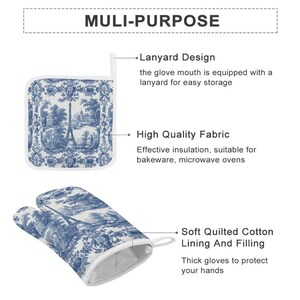 French Kitchen Baking Gift Toile Oven Mitts & Pot Holder Set Blue White Decor Thick Oven Mitt Farmhouse Kitchen Decor Wedding Shower Gift image 6