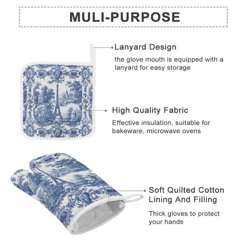 French Kitchen Baking Gift Toile Oven Mitts & Pot Holder Set Blue White Decor Thick Oven Mitt Farmhouse Kitchen Decor Wedding Shower Gift image 6