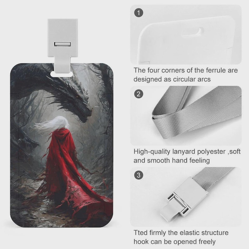 Puede incluir: Un portatarjetas vertical con una ilustraci&oacute;n de fantas&iacute;a de una figura con capa roja frente a un drag&oacute;n en un bosque oscuro. El soporte tiene esquinas redondeadas, un accesorio superior de pl&aacute;stico blanco y un cord&oacute;n de poli&eacute;ster gris.