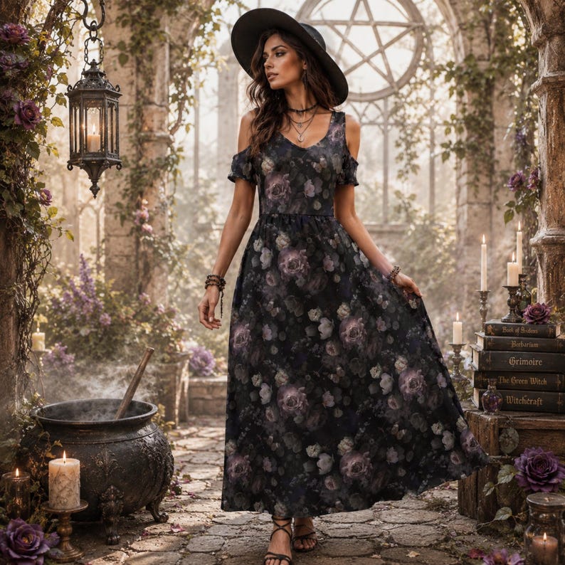 May include: A floor-length cold-shoulder dress featuring a dark floral pattern with purple and grey roses. The dress has short sleeves and a fitted bodice that flows into a full skirt. The garment is worn with a wide-brimmed black hat.