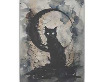 Black Cat Moon Art Print: Spooky Feline Wall Decor (Digital Download)