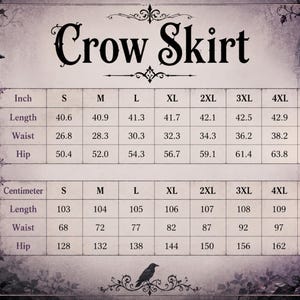 May include: A size chart for a Crow Skirt featuring a table with measurements in inches and centimeters for sizes S through 5XL. The chart includes length, waist, and hip dimensions, decorated with illustrations of a crow and purple roses.