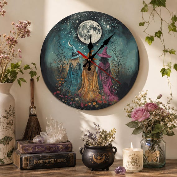Halloween Fall Host Gift Idea for Mom Cottagecore Whimsigoth Birthday Gift for Sister Practical Magic Wood Wall Clock for Kitchen Witch Gift