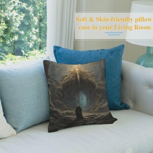 May include: A square throw pillow featuring a dark, detailed fantasy illustration of a cloaked figure standing before a cavernous, organic-looking stone archway. The text 'Soft & Skin-friendly pillow case in your Living Room' is visible above.