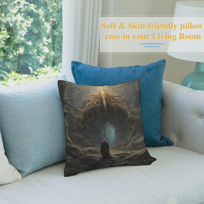 May include: A square throw pillow featuring a dark, detailed fantasy illustration of a cloaked figure standing before a cavernous, organic-looking stone archway. The text 'Soft & Skin-friendly pillow case in your Living Room' is visible above.