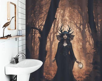 Cortina de ducha de bruja del bosque: decoración gótica para el baño