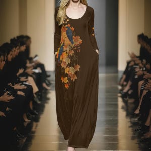 May include: A long-sleeved, floor-length brown dress featuring a scoop neckline and a graphic print of two dark birds perched on branches surrounded by vibrant orange, yellow, and brown autumn leaves cascading down the front of the garment.
