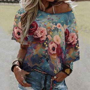 Victorian Roses Off-Shoulder T-Shirt: Retro Floral Oversized Top