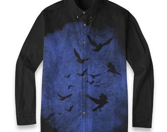 Camicia da uomo a maniche lunghe in cotone con risvolto Murder of Crows / Moda Dark Academia