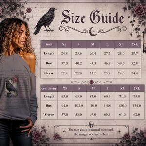 May include: A size guide chart for apparel featuring a gothic aesthetic with roses, a raven, and a hanging lantern. The chart displays measurements in inches and centimetres for sizes XS through 2XL, including length, bust, and sleeve dimensions.