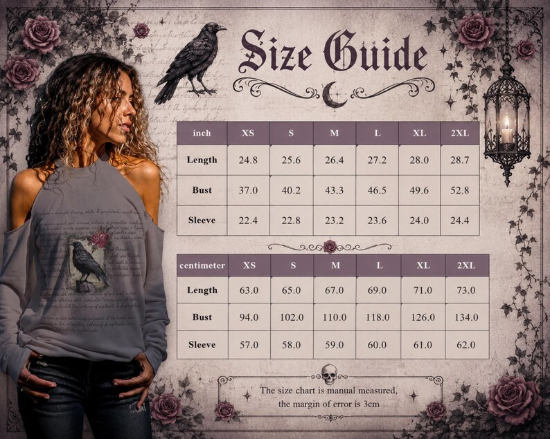 May include: A size guide chart for apparel featuring a gothic aesthetic with roses, a raven, and a hanging lantern. The chart displays measurements in inches and centimetres for sizes XS through 2XL, including length, bust, and sleeve dimensions.