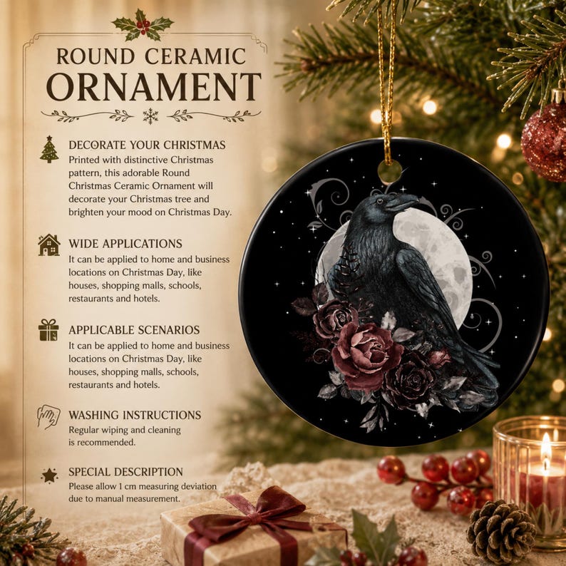 May include: A round ceramic ornament featuring a black raven perched beside dark red roses against a full moon background. The ornament is black with a gold hanging string. Text on the left side includes ROUND CERAMIC ORNAMENT and details.