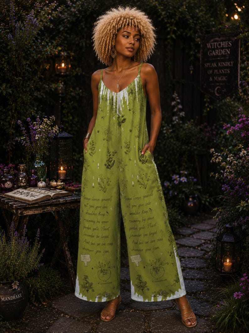 Witchy Herbs Jumpsuit Gift Idea for Mom Wiccan Giftforher Wide Leg Clothing Rosemary Practical Magic Spell Light Academia Woman Overalls image 13