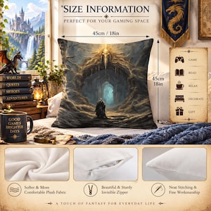 May include: A square throw pillow measuring 18 inches by 18 inches, featuring a fantasy-themed print of a dark, cavernous entrance with a central figure. The pillow includes an invisible zipper, plush fabric, and neat stitching along the edges.