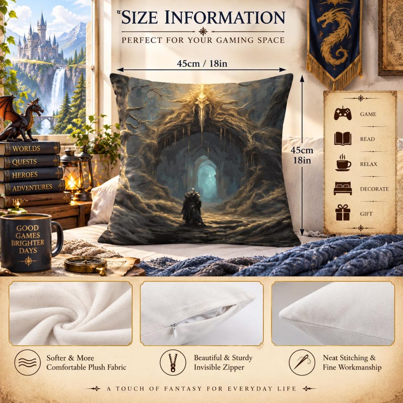 May include: A square throw pillow measuring 18 inches by 18 inches, featuring a fantasy-themed print of a dark, cavernous entrance with a central figure. The pillow includes an invisible zipper, plush fabric, and neat stitching along the edges.