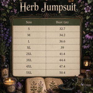 May include: A size chart for a Herb Jumpsuit with columns for Size and Bust in inches. Sizes range from S to 5XL with corresponding bust measurements from 32.7 to 50.4 inches. The chart is presented on a parchment-style background with floral borders.