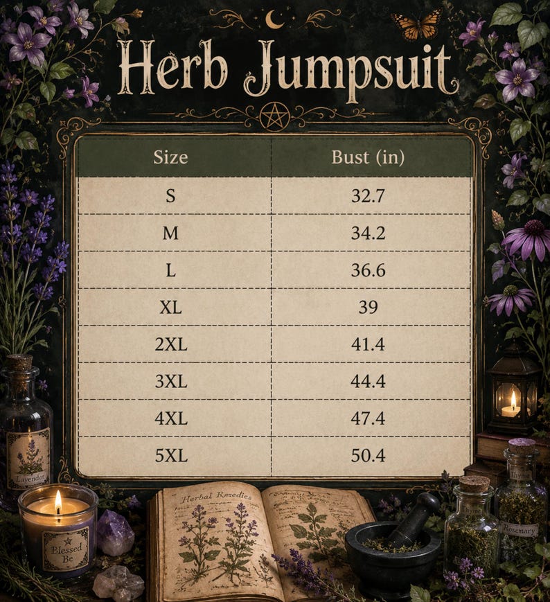 May include: A size chart for a Herb Jumpsuit with columns for Size and Bust in inches. Sizes range from S to 5XL with corresponding bust measurements from 32.7 to 50.4 inches. The chart is presented on a parchment-style background with floral borders.