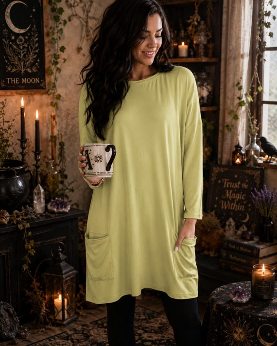 Autumn Casual Shirt Dress Gift Idea for Mom Comfort Minimalist Style Relaxed Fit Dress with Pockets Fall Casual Boho Tee Dress Long Sleeve