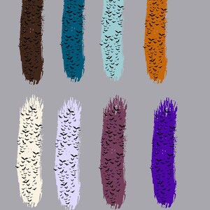 May include: Eight vertical brushstroke shapes arranged in two rows, each featuring a repeating pattern of small black bat silhouettes. The colors of the brushstrokes include brown, dark blue, light blue, orange, cream, lavender, maroon, and purple.