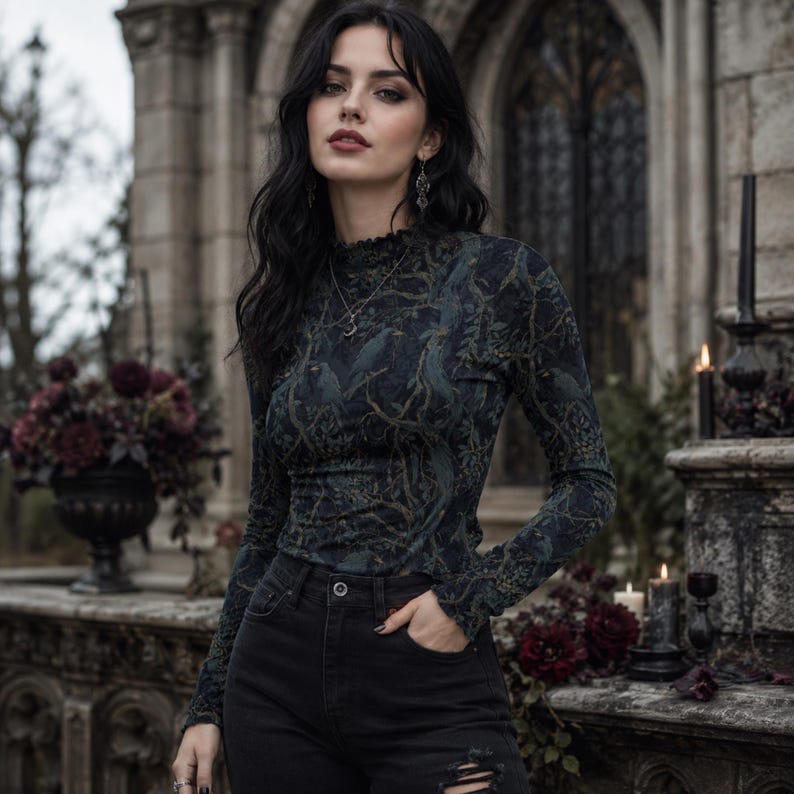 May include: A long-sleeved, high-neck top featuring a dark, intricate forest-inspired print with muted green and gold tones. The garment is paired with black denim jeans that have distressed detailing at the knees and a classic button-fly closure.
