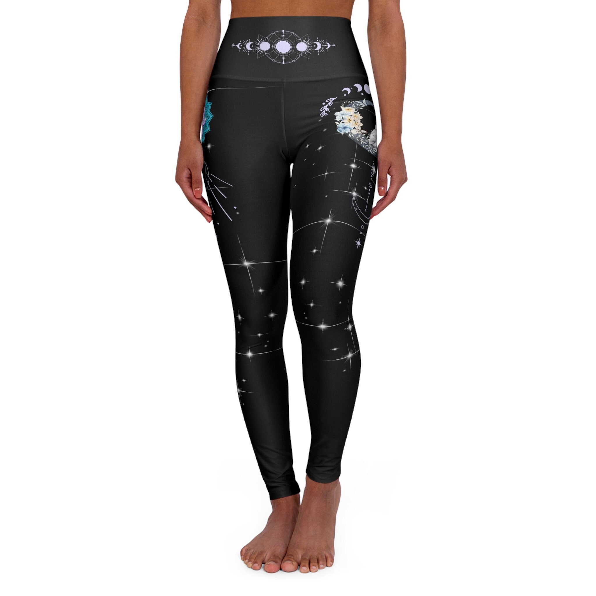 Moon Owl High Waisted Yoga Leggings, White Owl Yoga Pants, Boho Hippy Meditation Pants, Witchy Owl Y