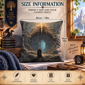 May include: A square throw pillow measuring 18 inches by 18 inches, featuring a fantasy-themed print of a dark, cavernous entrance with a lone figure standing before it. The design includes muted earth tones, deep blues, and golden highlights.